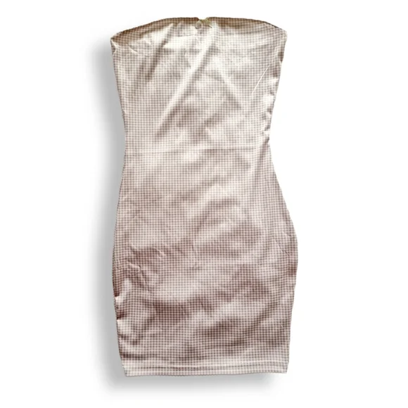 Handmade, Beige / Light Brown + White Gingham Check Strapless Short Dress Size S - Picture 7 of 10